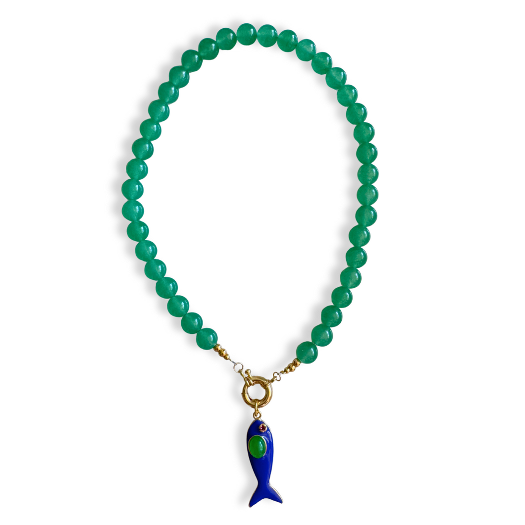 GREEN AGATE BLUE FISH CHARM NECKLACE