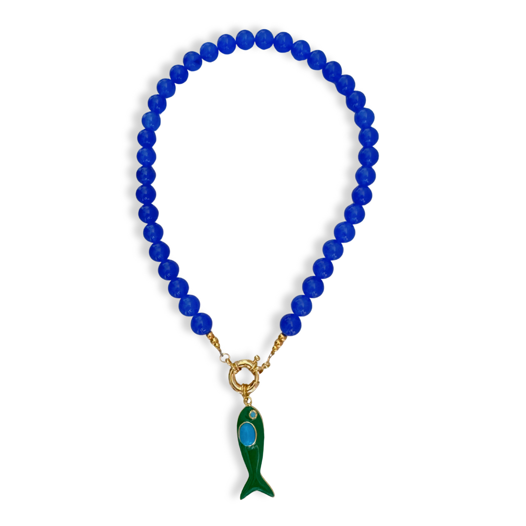 BLUE AGATE GREEN FISH PENDANT NECKLACE