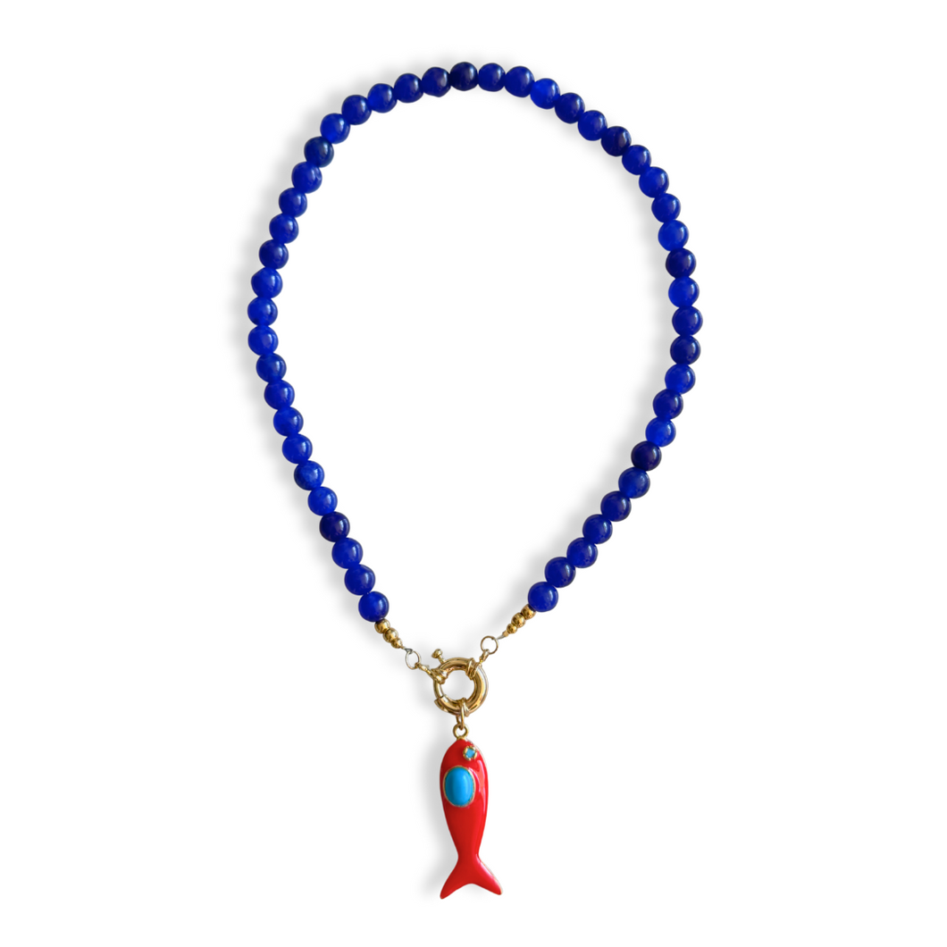 BLUE AGATE RED FISH PENDANT NECKLACE