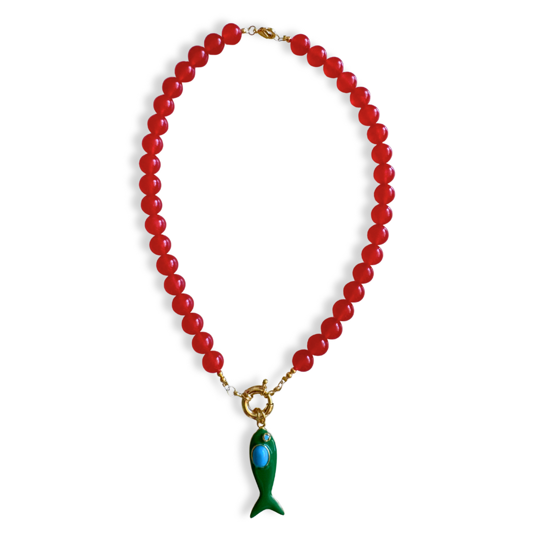 RED AGATE GREEN FISH PENDANT NECKLACE